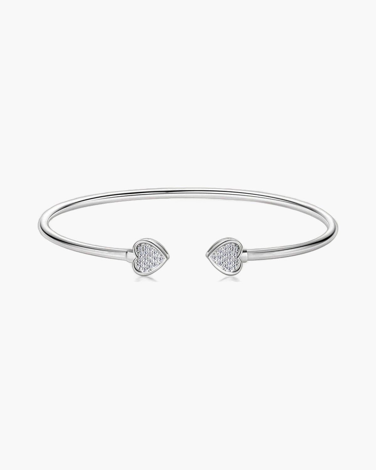 Polished silver open cuff bangle with two pavé heart ends for women