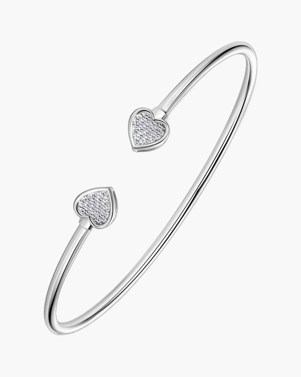 Polished silver open cuff bangle for women with sparkling pavé heart ends