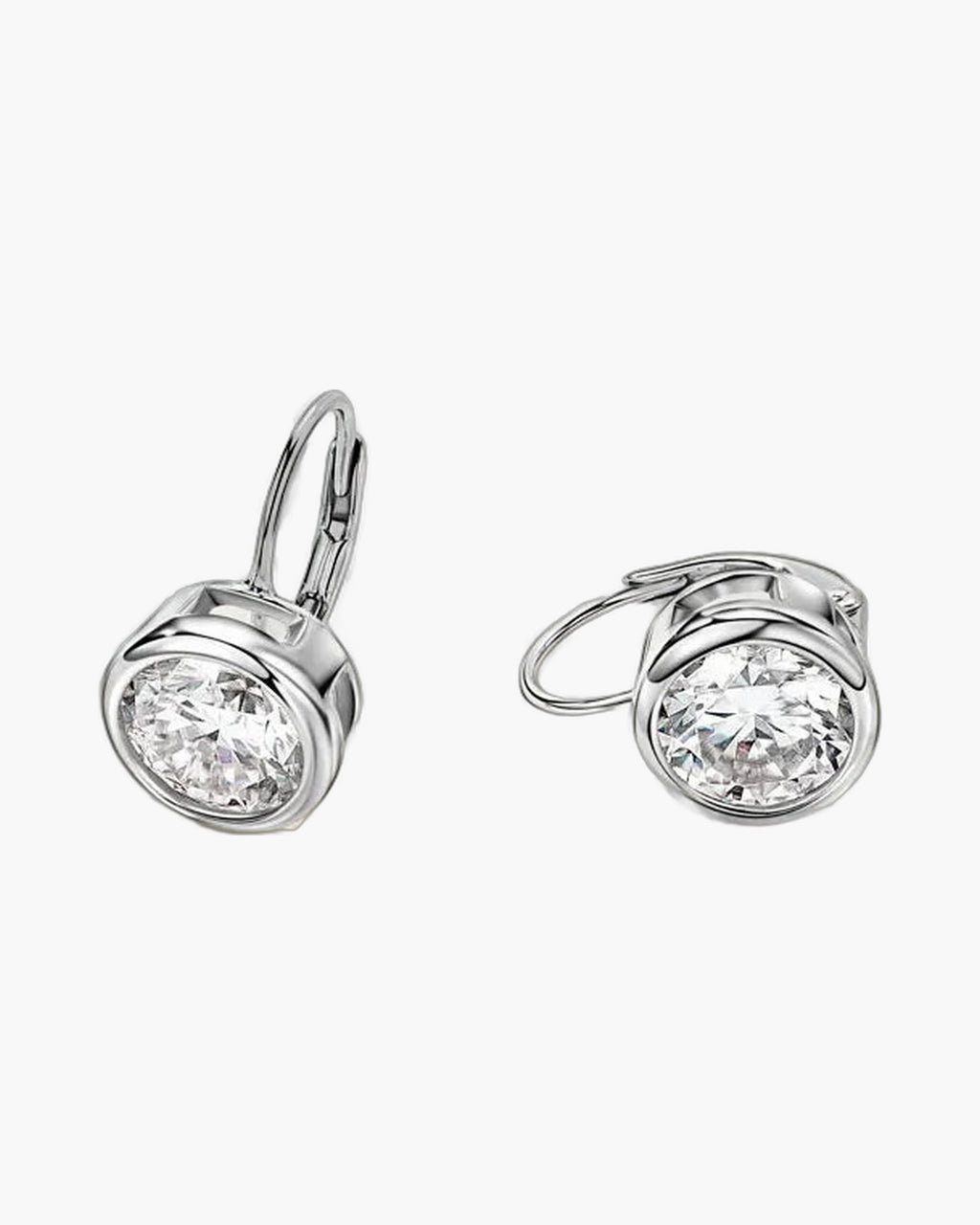 Silver 925 bezel set moissanite drop leverback earrings for women on a white background
