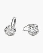 Silver 925 bezel set moissanite drop leverback earrings for women on a white background