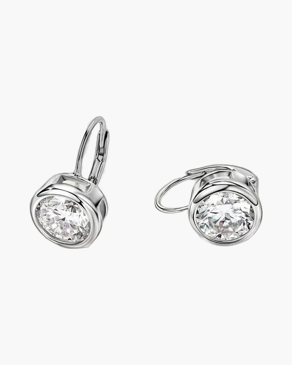 Silver 925 bezel set moissanite drop leverback earrings for women on a white background