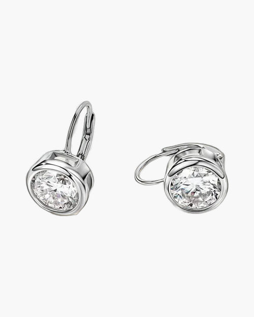 Silver 925 bezel set moissanite drop leverback earrings for women on a white background