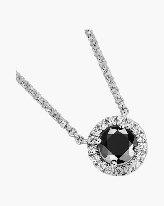 Women's silver chain necklace with a black moissanite halo pendant and round white stones