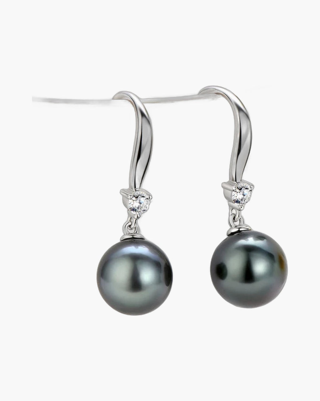 Elegant women's silver 925 drop earrings with dark gray pearls and cubic zirconia accents