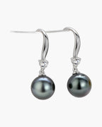 Elegant women's silver 925 drop earrings with dark gray pearls and cubic zirconia accents