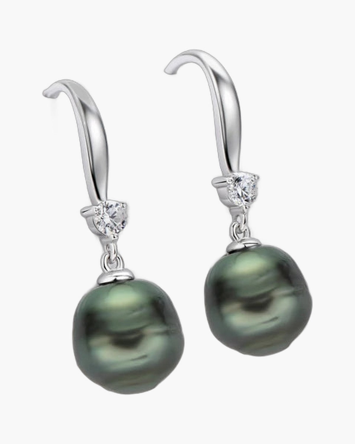 Women's silver 925 drop earrings with dark green baroque pearls and sparkling cubic zirconia