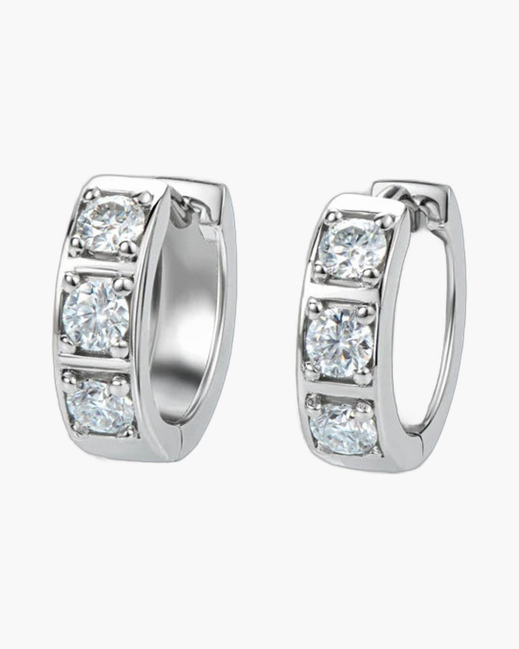 Pair of women's silver hoop earrings with three sparkling round cubic zirconia stones
