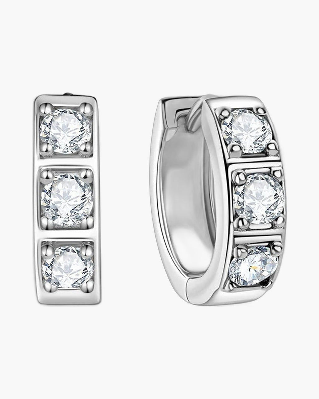 Pair of women's silver 925 hoop earrings with three sparkling cubic zirconia stones