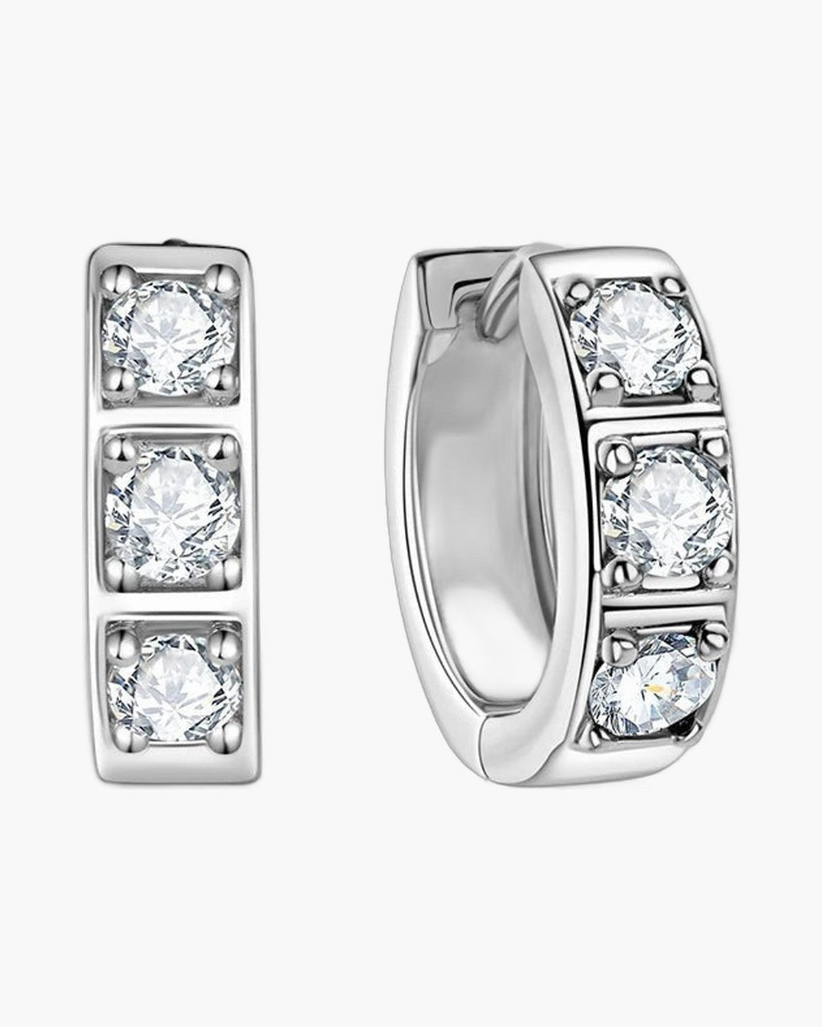 Pair of women's silver 925 hoop earrings with three sparkling cubic zirconia stones