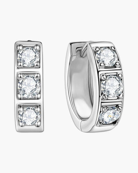 Pair of women's silver 925 hoop earrings with three sparkling cubic zirconia stones