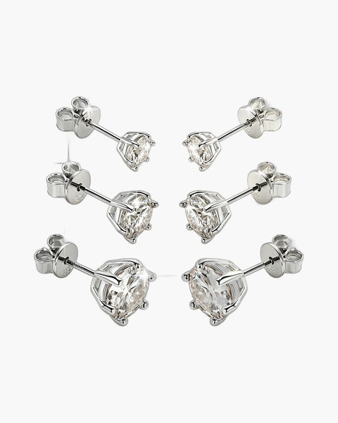 Six sparkling silver 925 stud earrings with brilliant round cut cubic zirconia stones
