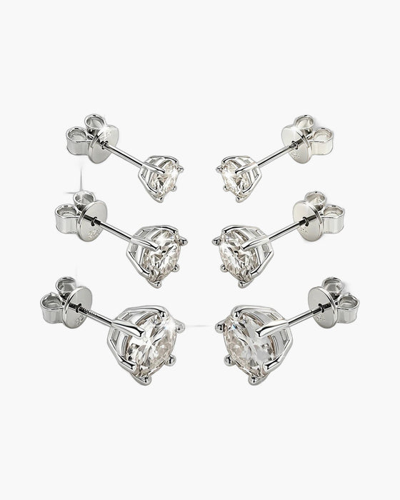Six sparkling silver 925 stud earrings with brilliant round cut cubic zirconia stones