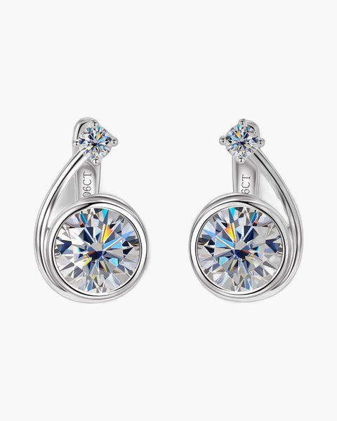 Women's sterling silver asymmetrical spiral clip hoop earrings with brilliant round moissanite stones