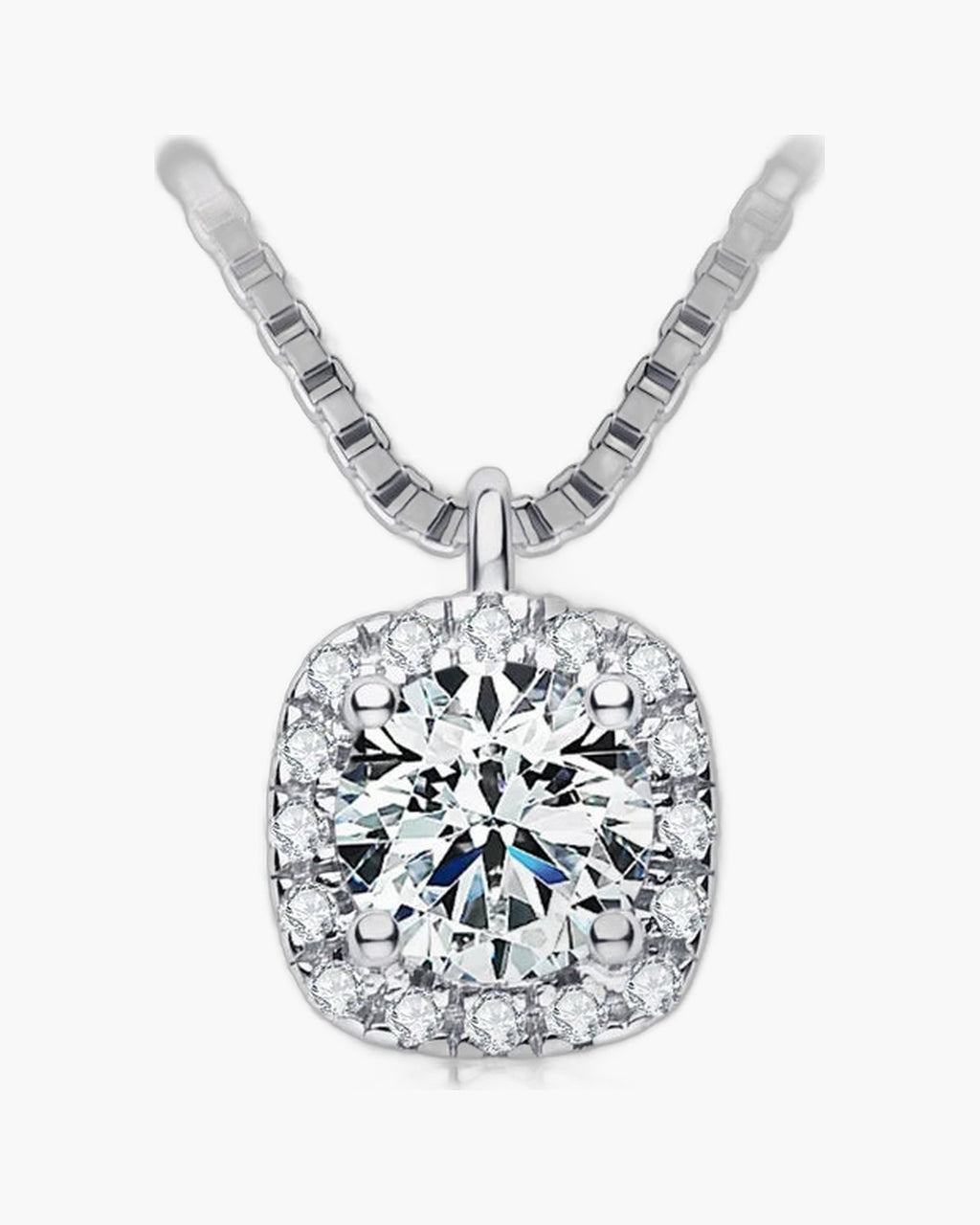 Sparkling women's silver 925 necklace with a cushion-cut diamond halo pendant