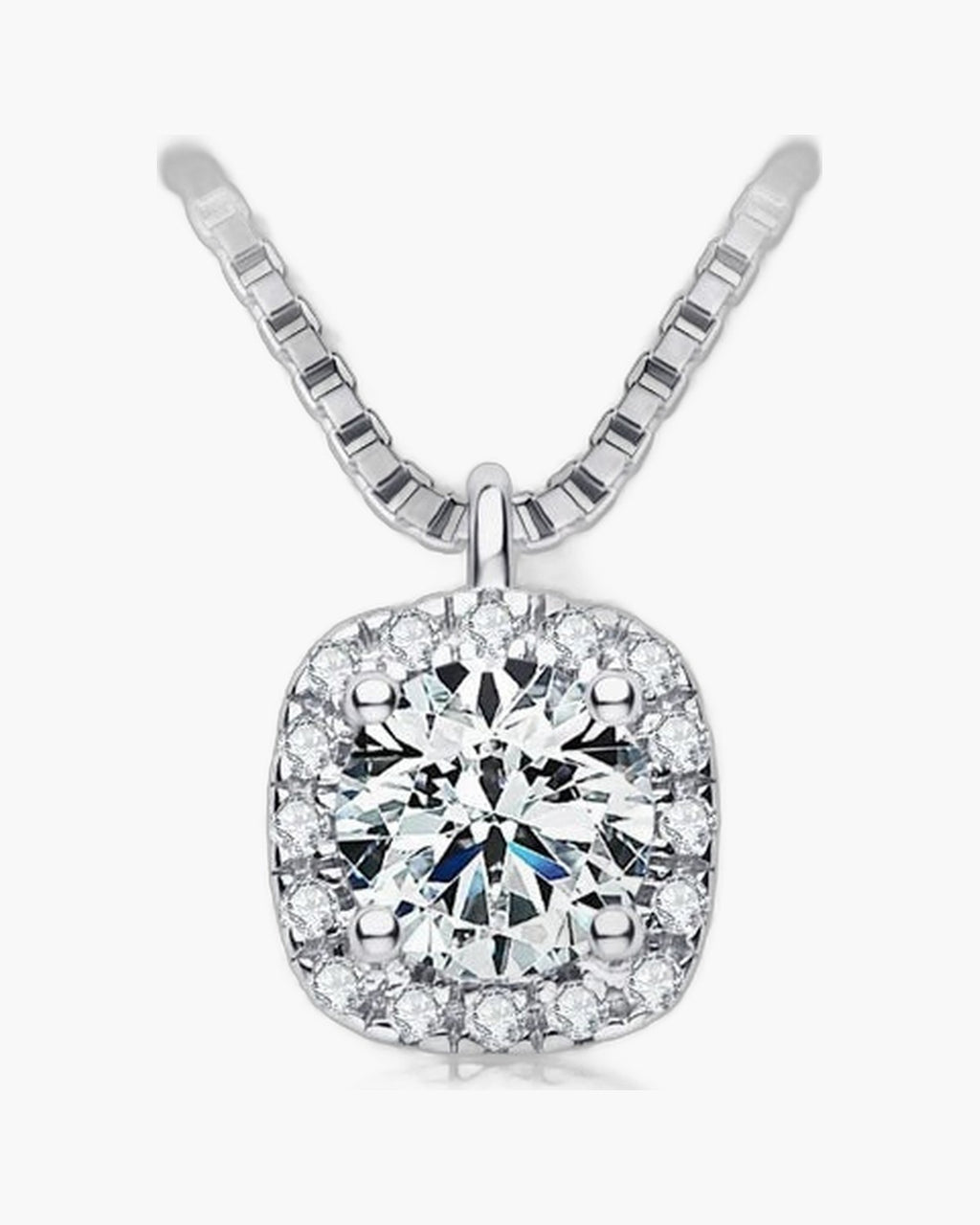 Sparkling women's silver 925 necklace with a square halo diamond pendant on a box chain