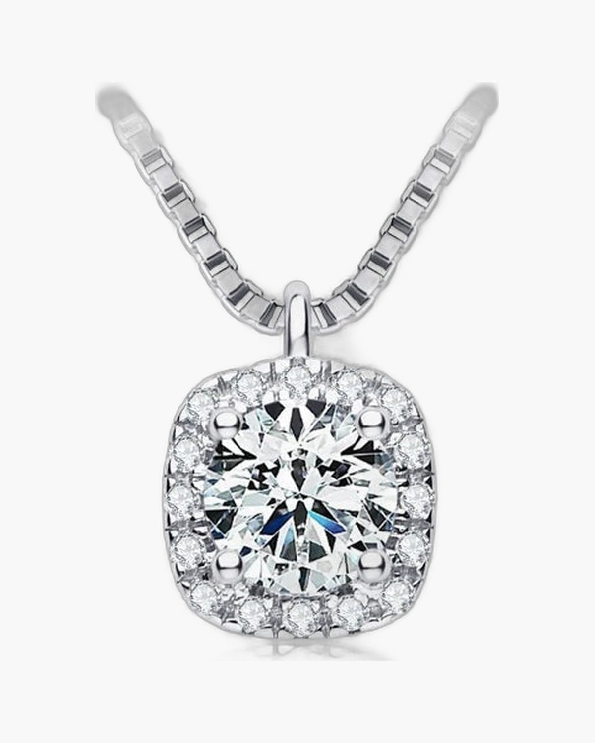 Sparkling women's silver 925 necklace with a square halo diamond pendant on a box chain