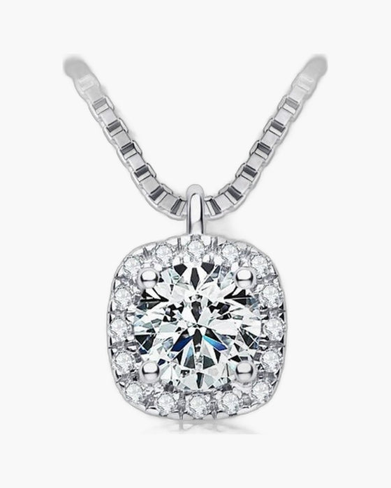 Sparkling women's silver 925 necklace with a square halo diamond pendant on a box chain