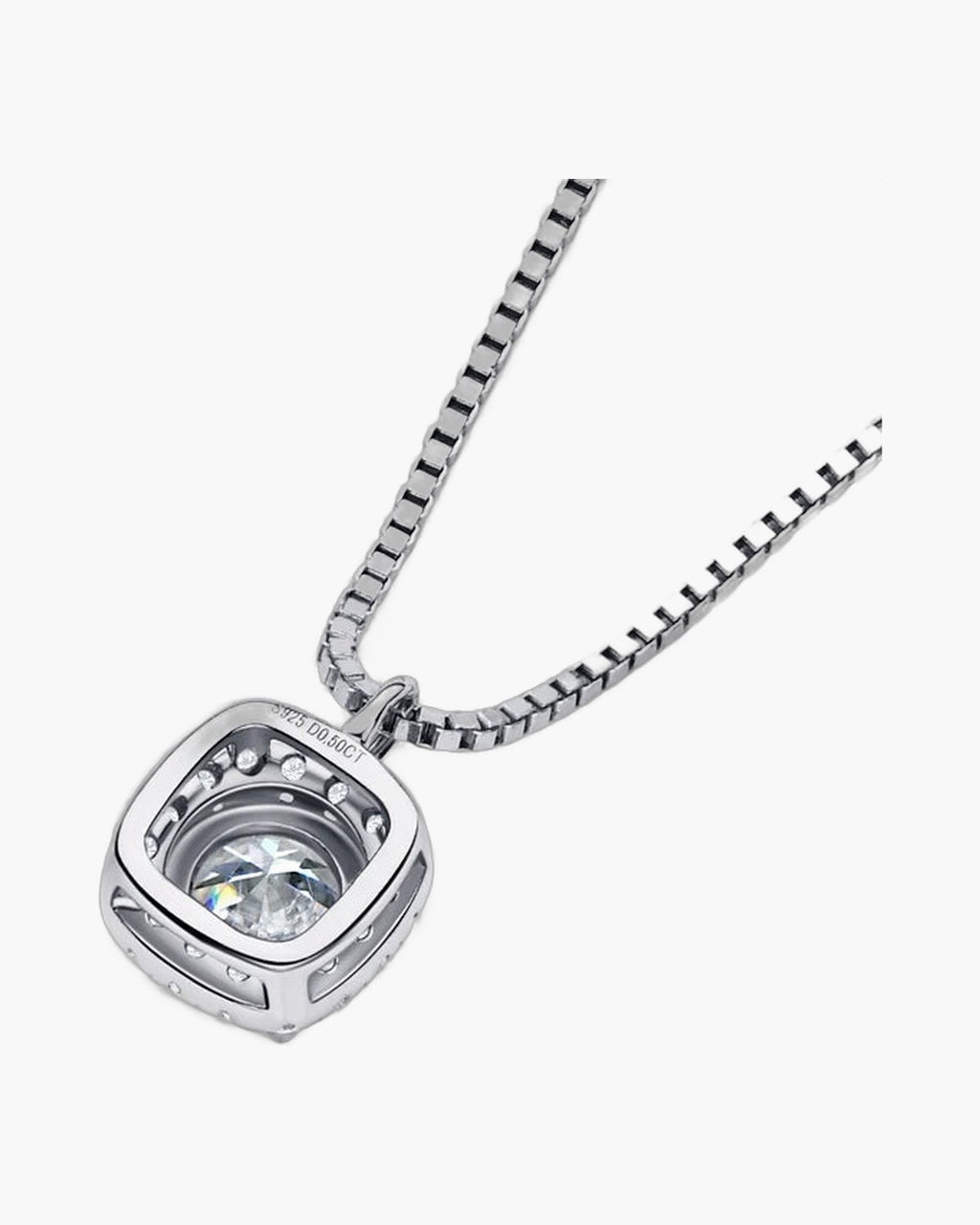 Women's silver 925 necklace with a square pendant featuring a sparkling clear gemstone