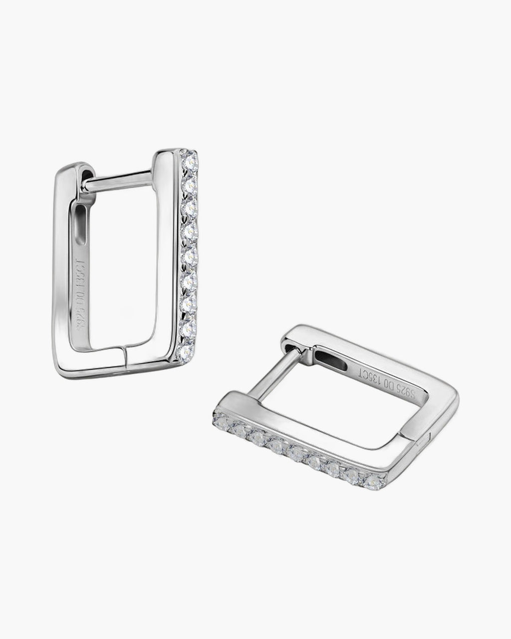 Pair of women's silver 925 rectangular hoop earrings with sparkling cubic zirconia stones