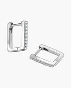 Pair of women's silver 925 rectangular hoop earrings with sparkling cubic zirconia stones