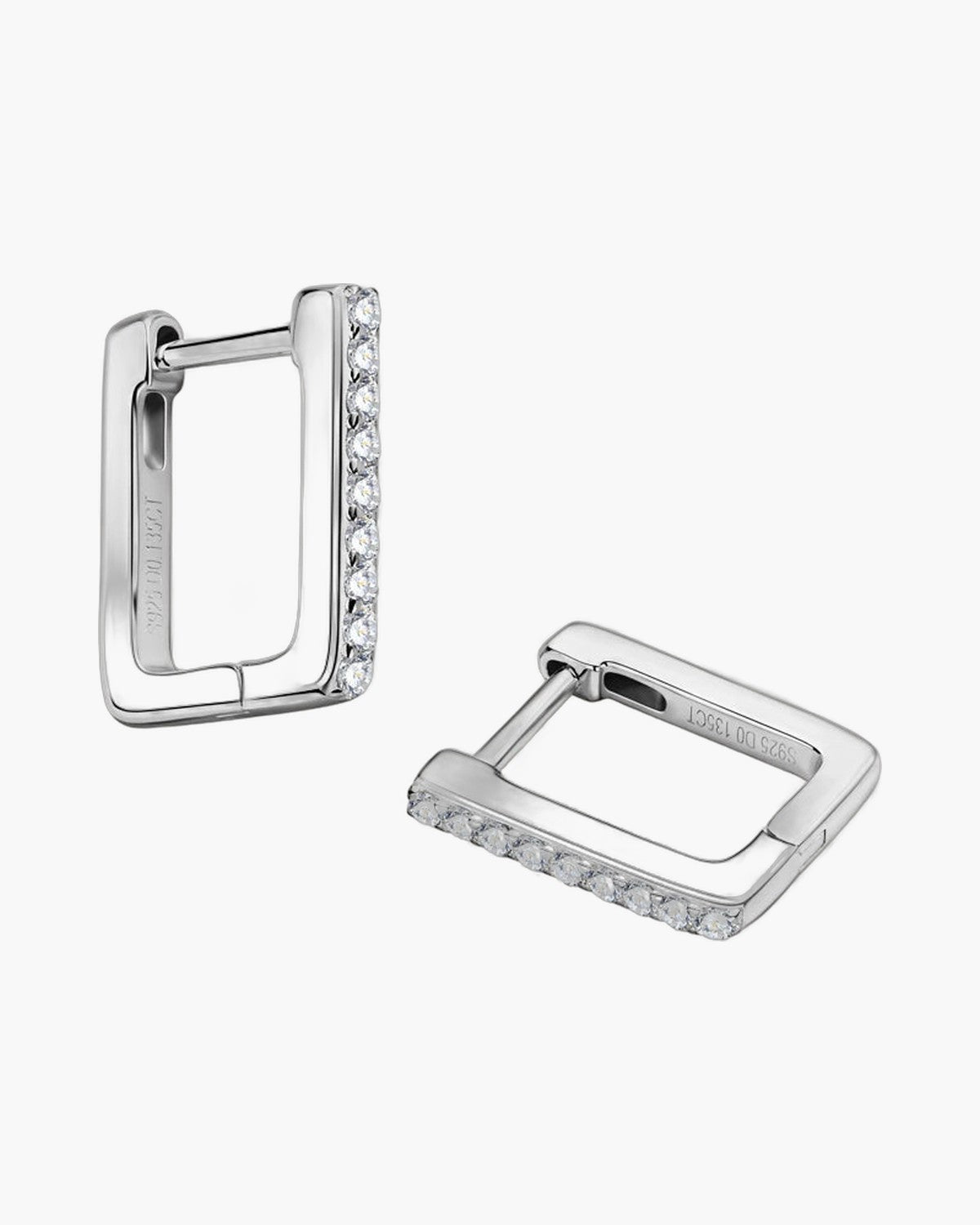 Pair of women's silver 925 rectangular hoop earrings with sparkling cubic zirconia stones