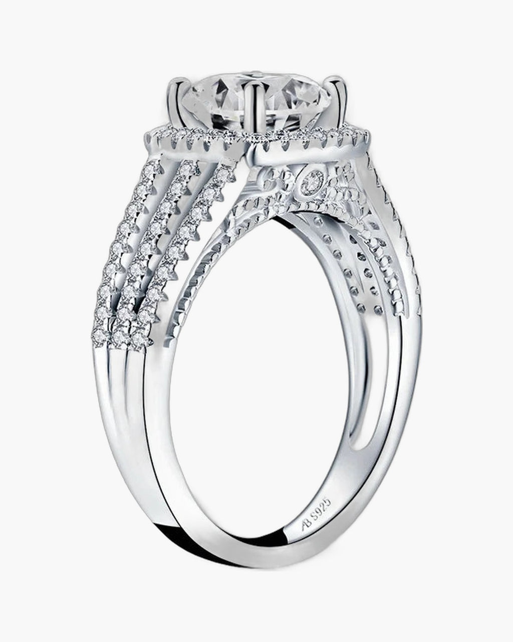 Sparkling women's silver 925 ring with a large central gem and pavé side stones