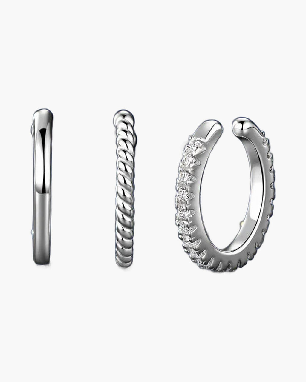 Three women's silver 925 ear cuffs, one plain, one twisted, one with zircons