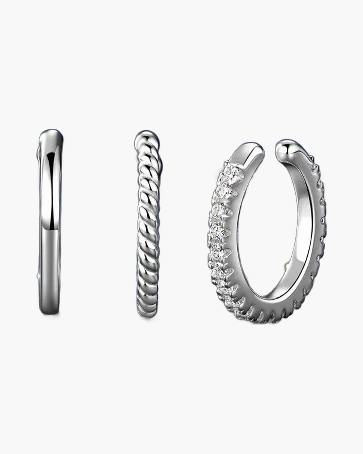 Three women's silver 925 ear cuffs, one plain, one twisted, one with zircons