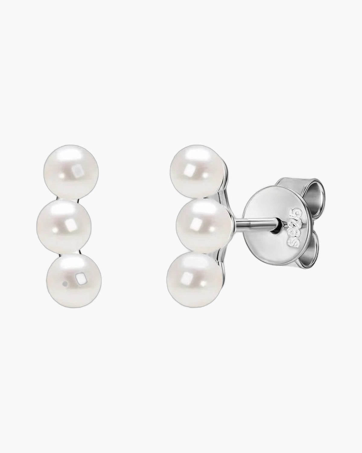 Elegant women's silver 925 stud earrings featuring three delicate white pearls in a row