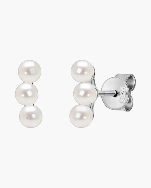 Elegant women's silver 925 stud earrings featuring three delicate white pearls in a row