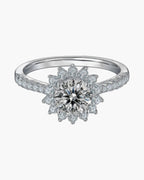 Sparkling women's silver 925 ring with a large central diamond and halo setting