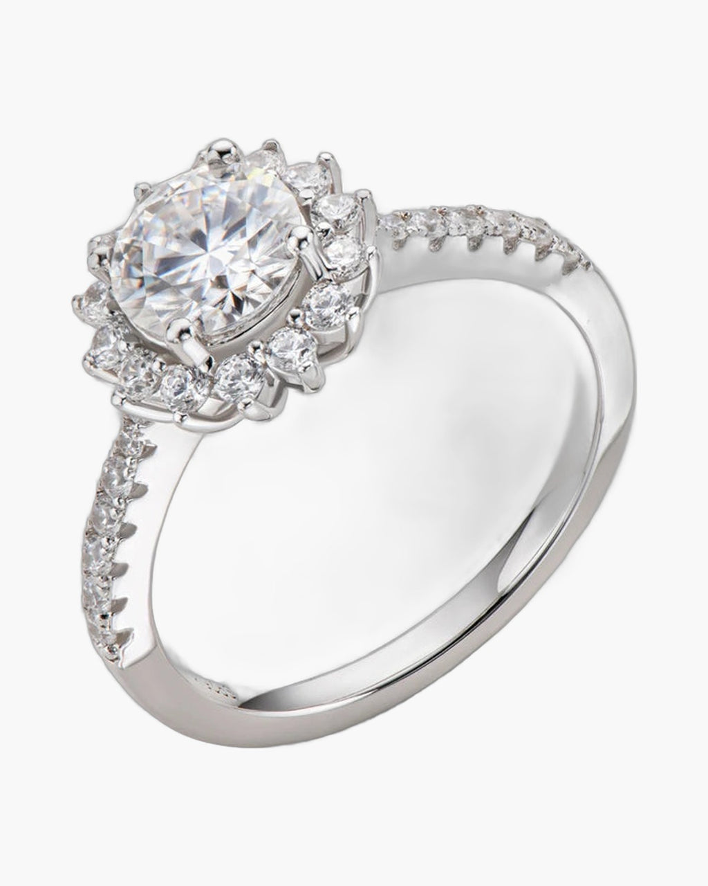 Sparkling women's silver 925 ring with a large central diamond and halo setting