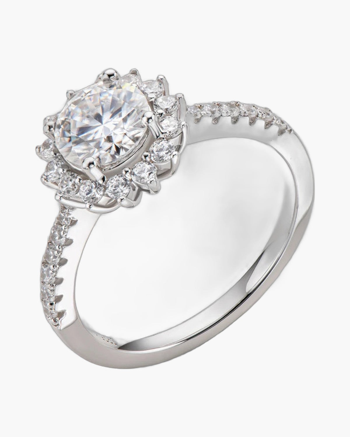 Sparkling women's silver 925 ring with a large central diamond and halo setting