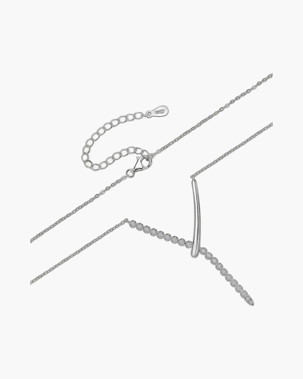 Elegant women's silver 925 necklace with a curved bar pendant and sparkling cubic zirconia stones